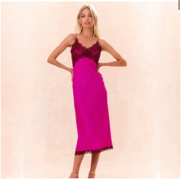 LoveShackFancy Dresses & Skirts - LoveShackFancy Fuchsia and Black Lace Slip Dress